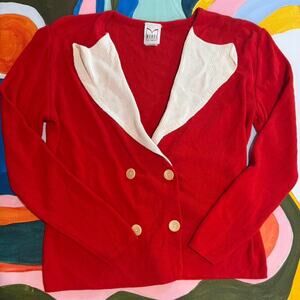 Vintage MONDI Italy Red Cream Nautical Merino Cardigan Sweater M 90s Chic Prep